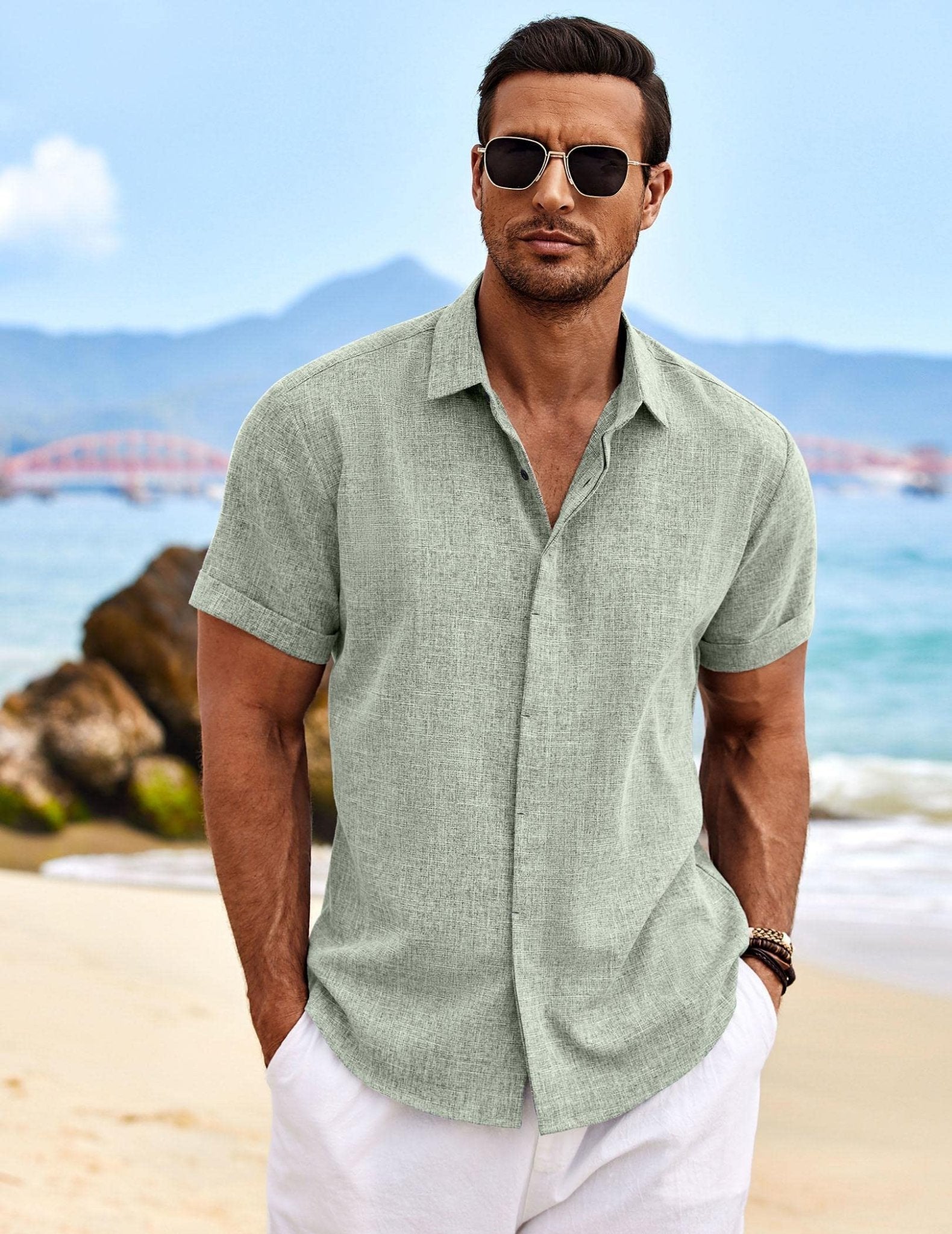 COOFANDY Men's Casual Shirts Button Up Shirt Linen Summer Beach Outfit Yoga Tee Light Green Large - The One Stop Deals