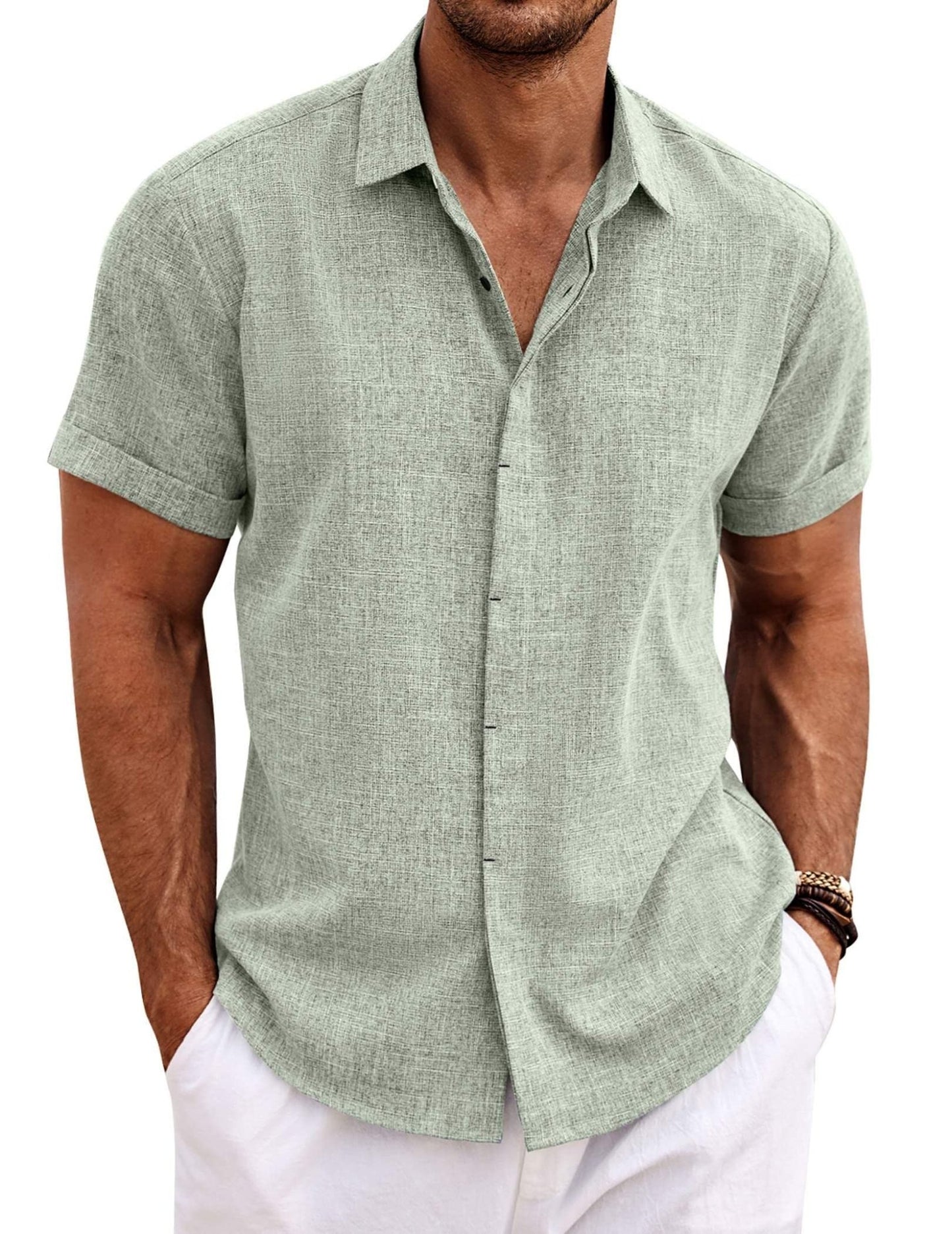 COOFANDY Men's Casual Shirts Button Up Shirt Linen Summer Beach Outfit Yoga Tee Light Green Large - The One Stop Deals