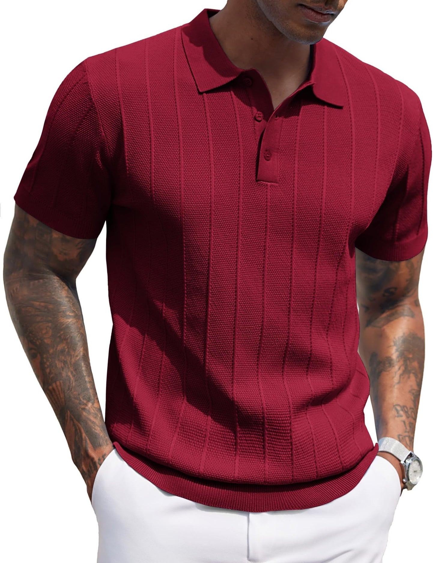 COOFANDY Mens Golf Shirt Ribbed Knitted Polo Shirts Business Casual Polos Shirt Vintage Textured Collared Shirts Trendy Summer Clothes 2025 Wine Red - The One Stop Deals