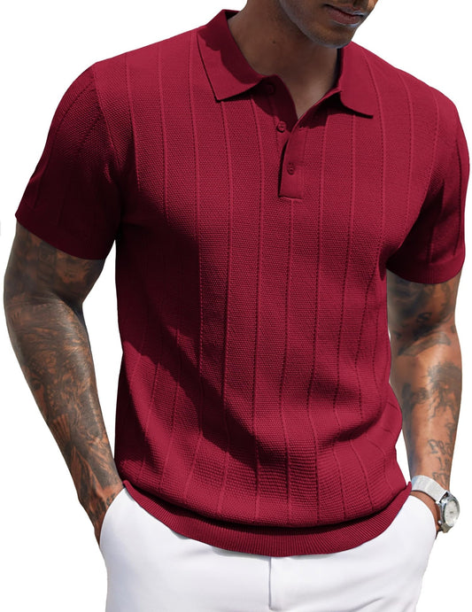 COOFANDY Mens Golf Shirt Ribbed Knitted Polo Shirts Business Casual Polos Shirt Vintage Textured Collared Shirts Trendy Summer Clothes 2025 Wine Red - The One Stop Deals