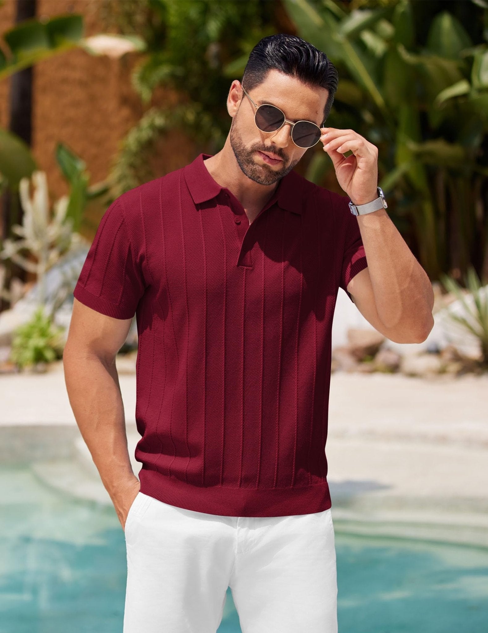 COOFANDY Mens Golf Shirt Ribbed Knitted Polo Shirts Business Casual Polos Shirt Vintage Textured Collared Shirts Trendy Summer Clothes 2025 Wine Red - The One Stop Deals