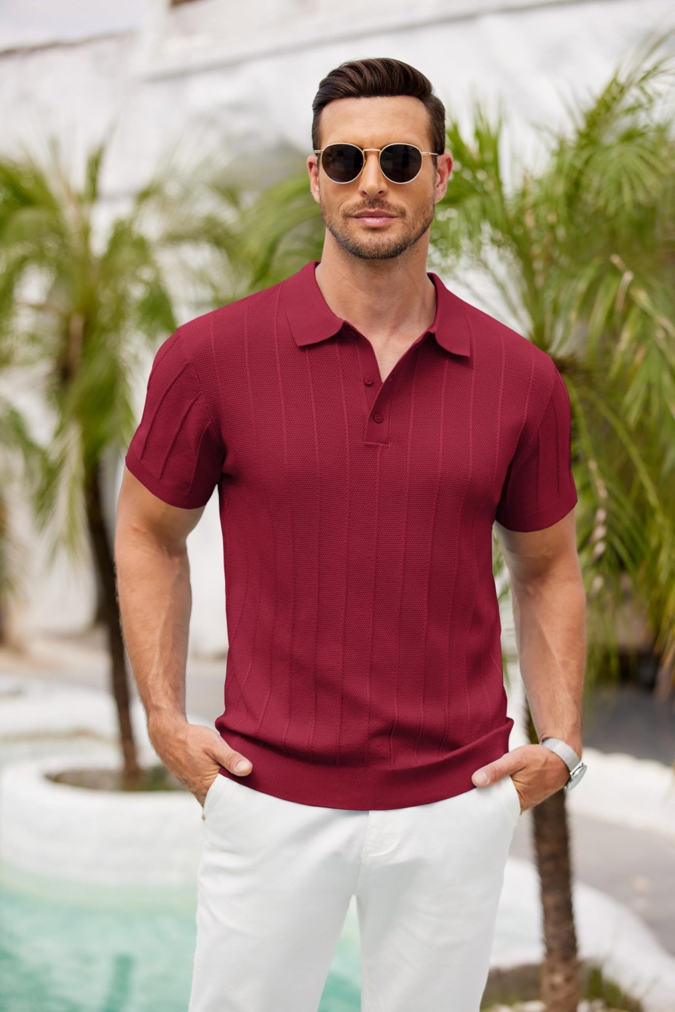 COOFANDY Mens Golf Shirt Ribbed Knitted Polo Shirts Business Casual Polos Shirt Vintage Textured Collared Shirts Trendy Summer Clothes 2025 Wine Red - The One Stop Deals