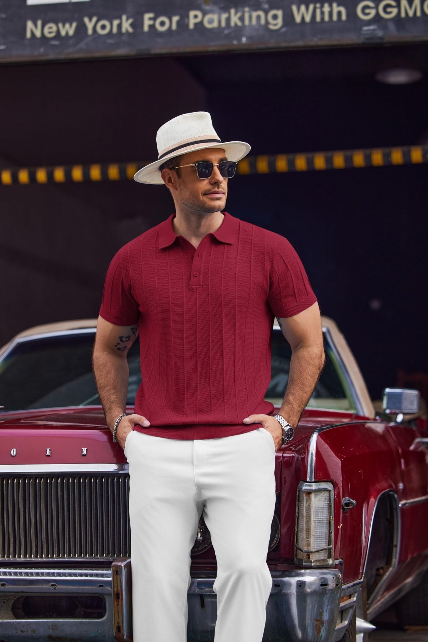 COOFANDY Mens Golf Shirt Ribbed Knitted Polo Shirts Business Casual Polos Shirt Vintage Textured Collared Shirts Trendy Summer Clothes 2025 Wine Red - The One Stop Deals