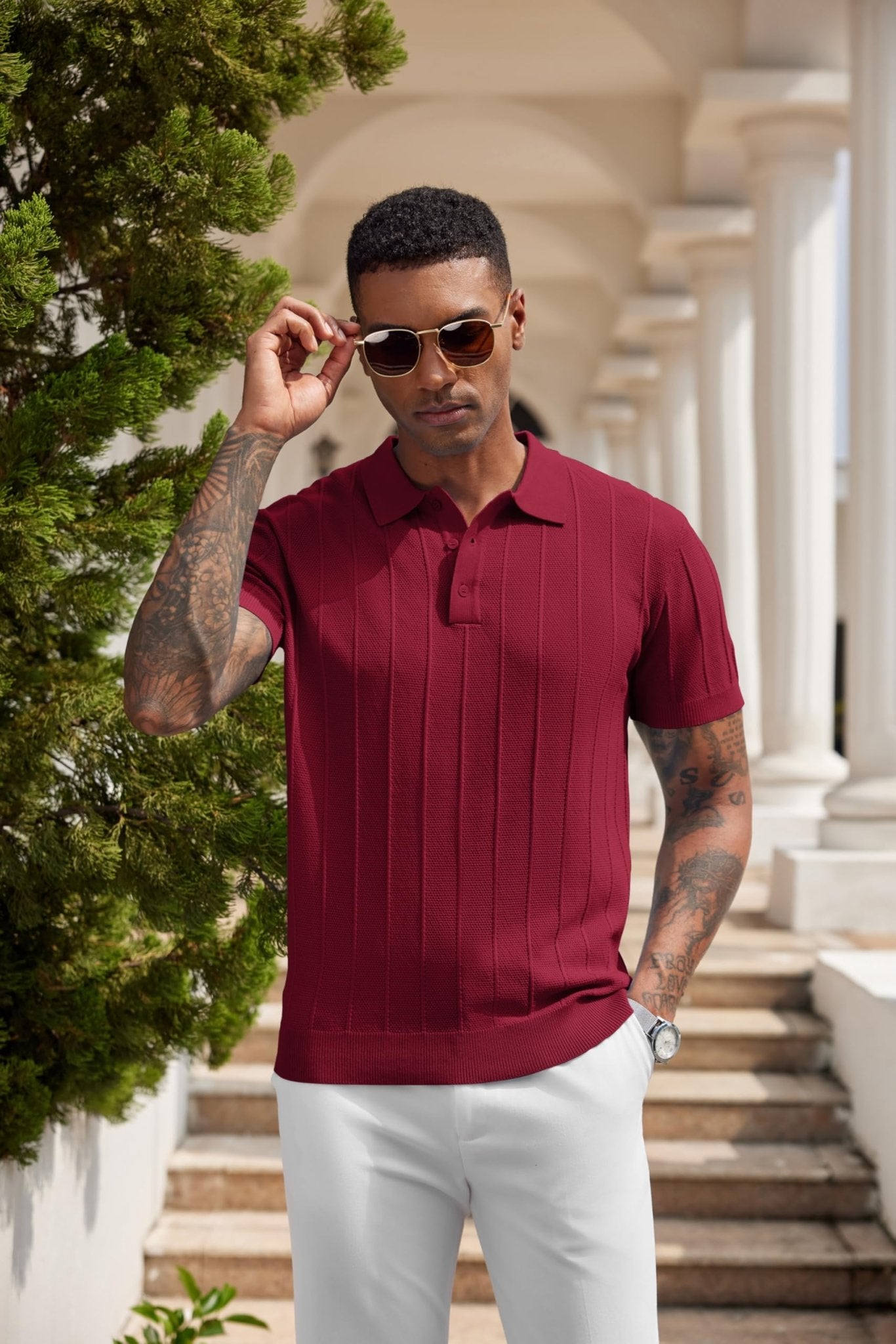 COOFANDY Mens Golf Shirt Ribbed Knitted Polo Shirts Business Casual Polos Shirt Vintage Textured Collared Shirts Trendy Summer Clothes 2025 Wine Red - The One Stop Deals