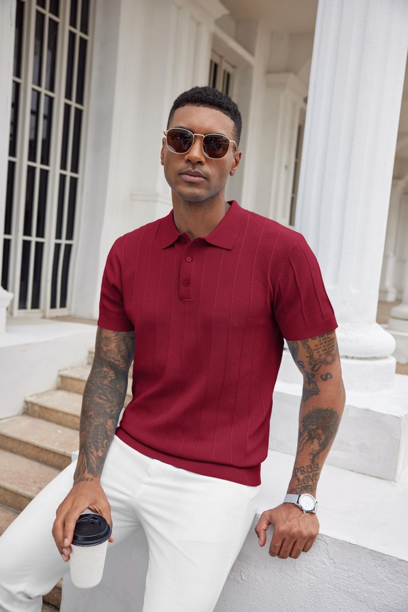 COOFANDY Mens Golf Shirt Ribbed Knitted Polo Shirts Business Casual Polos Shirt Vintage Textured Collared Shirts Trendy Summer Clothes 2025 Wine Red - The One Stop Deals