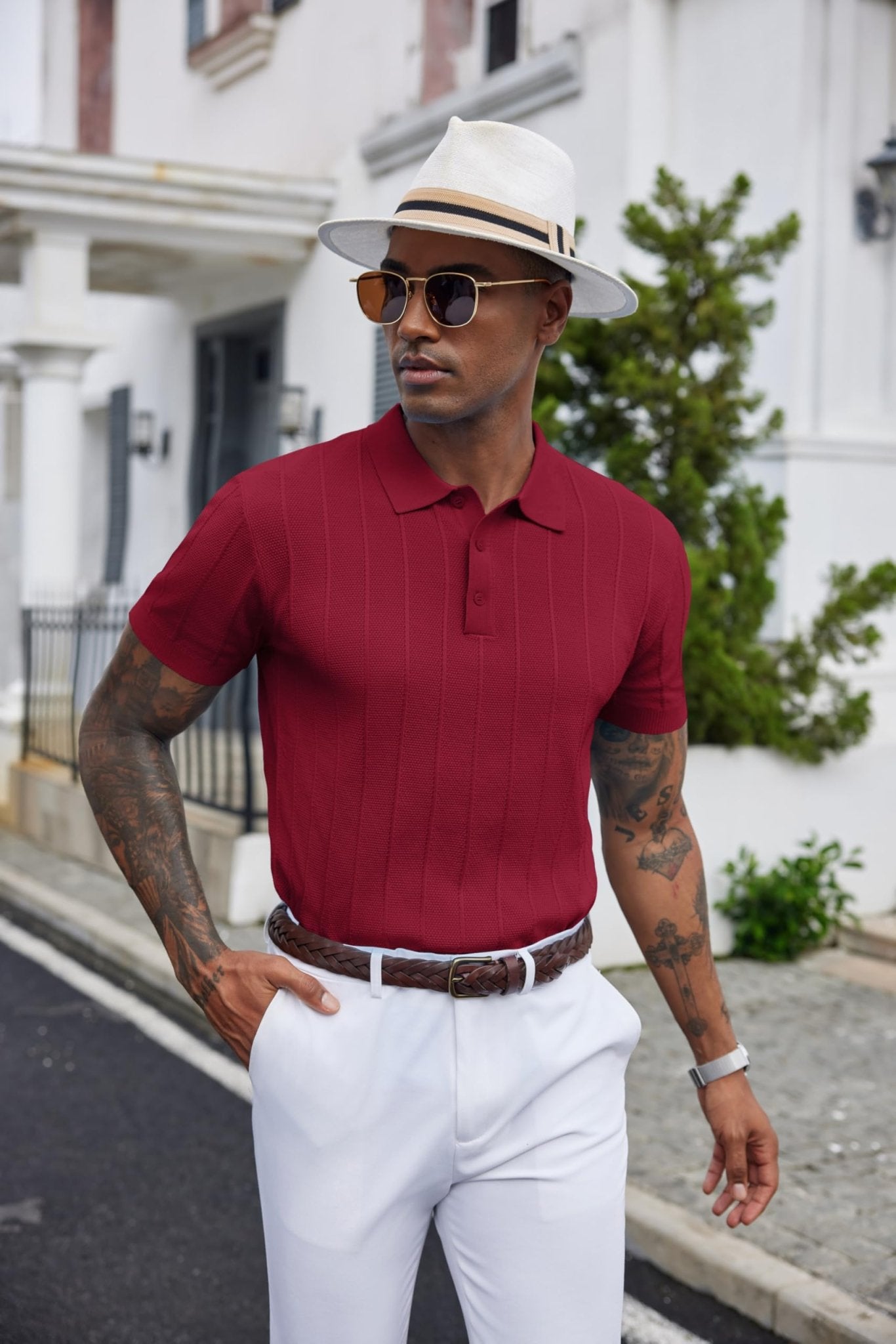 COOFANDY Mens Golf Shirt Ribbed Knitted Polo Shirts Business Casual Polos Shirt Vintage Textured Collared Shirts Trendy Summer Clothes 2025 Wine Red - The One Stop Deals