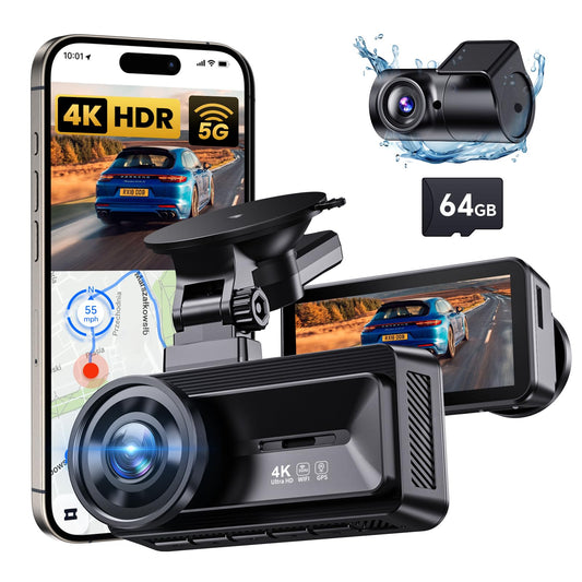 COOLCRAZY Dash Cam Front and Rear, 4K Full HD Dual Dash Camera for Cars Built - in 5G WiFi GPS, 64GB Card, Car Camera with 3" IPS Screen, UHD 2160P Night Vision, HDR, App Control, 24H Parking Monitor - The One Stop Deals