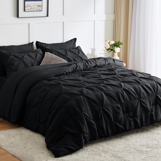 CozyLux Queen Comforter Set 7 Pieces Bed in A Bag Black Comforters Queen Size Bed Set Pintuck Pinch Pleat Complete Bedding Sets with Comforter, Flat Sheet, Fitted Sheet and Pillowcases & Shams - The One Stop Deals