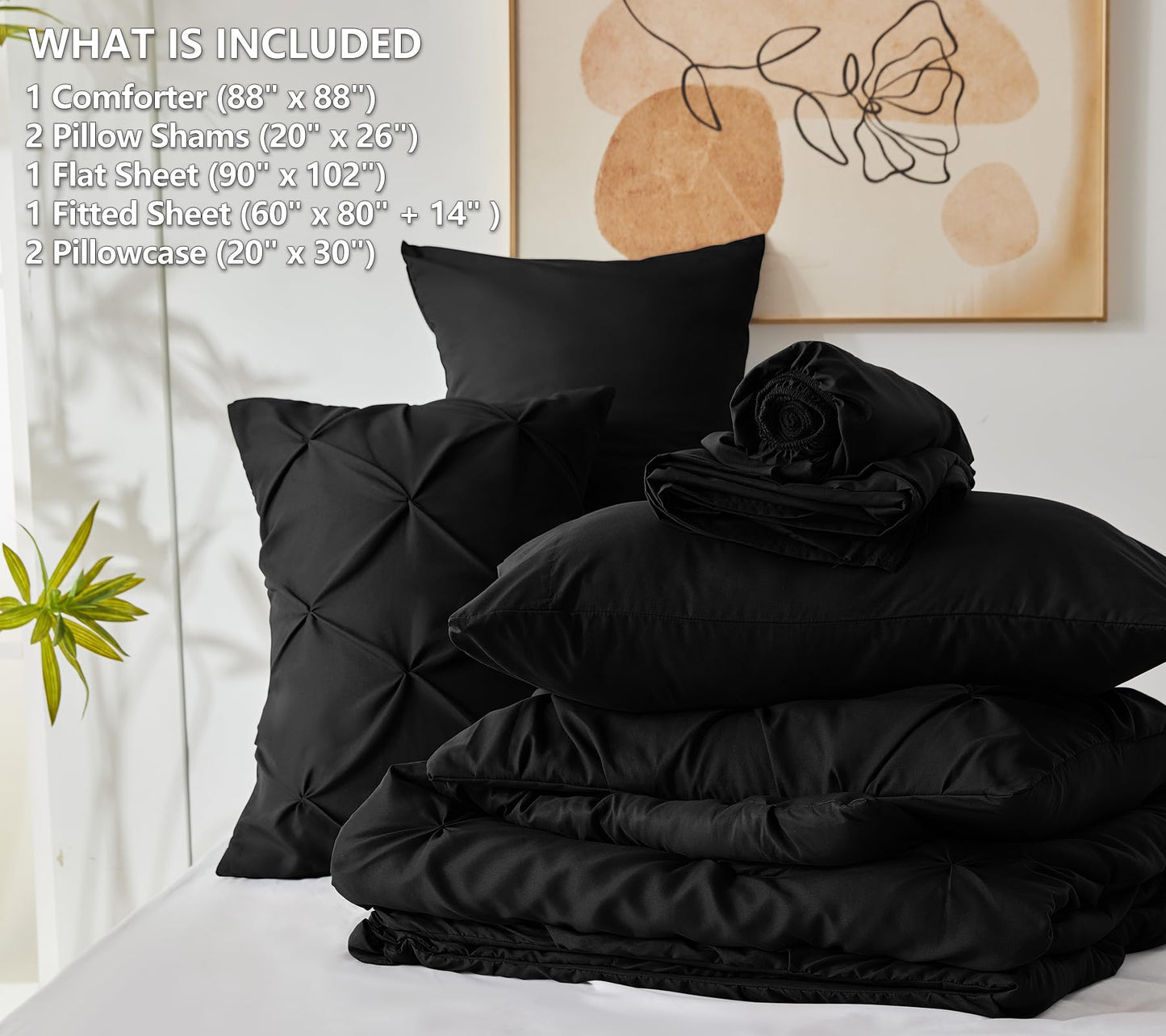 CozyLux Queen Comforter Set 7 Pieces Bed in A Bag Black Comforters Queen Size Bed Set Pintuck Pinch Pleat Complete Bedding Sets with Comforter, Flat Sheet, Fitted Sheet and Pillowcases & Shams - The One Stop Deals