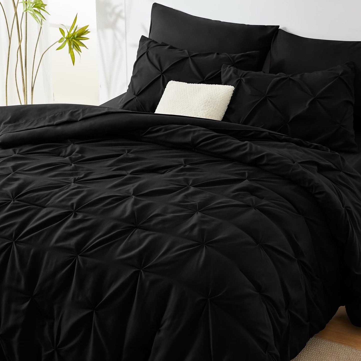 CozyLux Queen Comforter Set 7 Pieces Bed in A Bag Black Comforters Queen Size Bed Set Pintuck Pinch Pleat Complete Bedding Sets with Comforter, Flat Sheet, Fitted Sheet and Pillowcases & Shams - The One Stop Deals