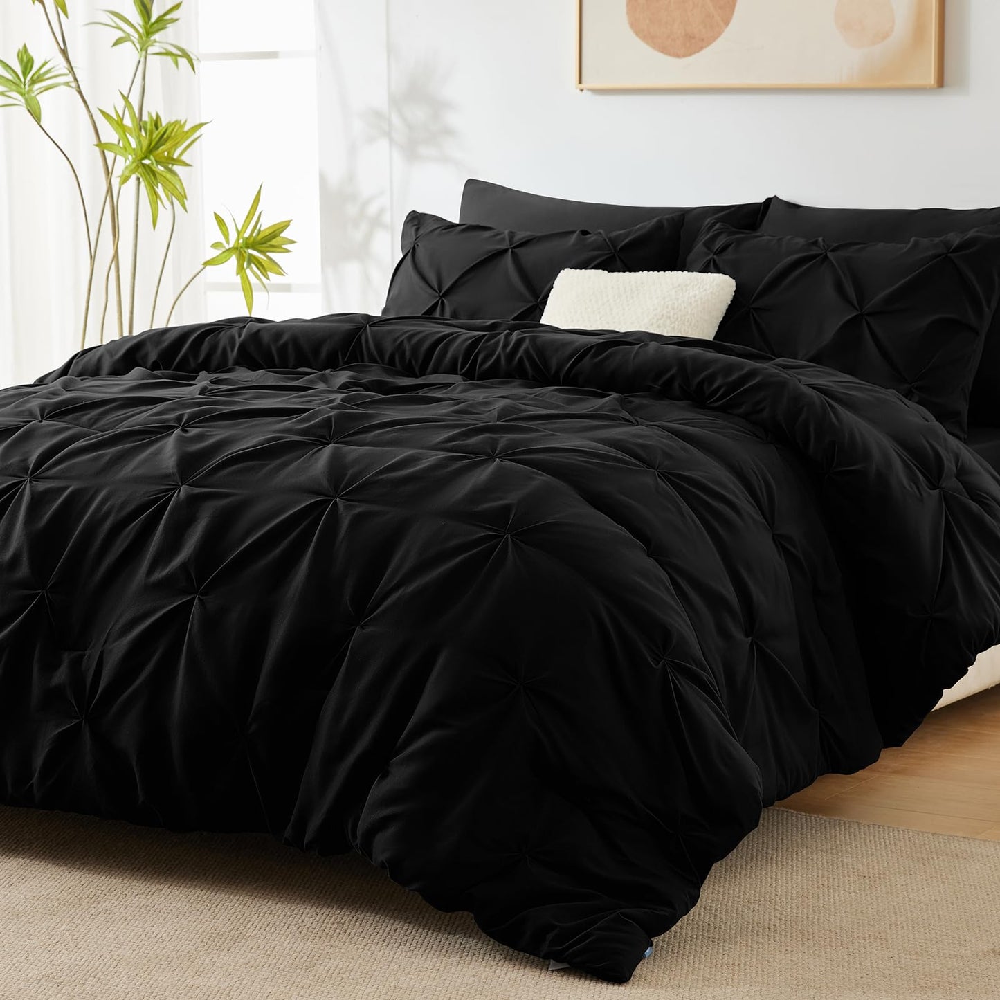 CozyLux Queen Comforter Set 7 Pieces Bed in A Bag Black Comforters Queen Size Bed Set Pintuck Pinch Pleat Complete Bedding Sets with Comforter, Flat Sheet, Fitted Sheet and Pillowcases & Shams - The One Stop Deals