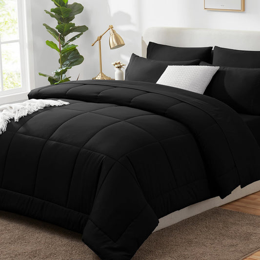 CozyLux Queen Comforter Set Black 7 Pieces Bed in a Bag Black Comforters Queen Size Bed Set Bedding Sets Queen with All Season Stitch Quilted Comforter, Flat Sheet, Fitted Sheet, Pillowcases - The One Stop Deals