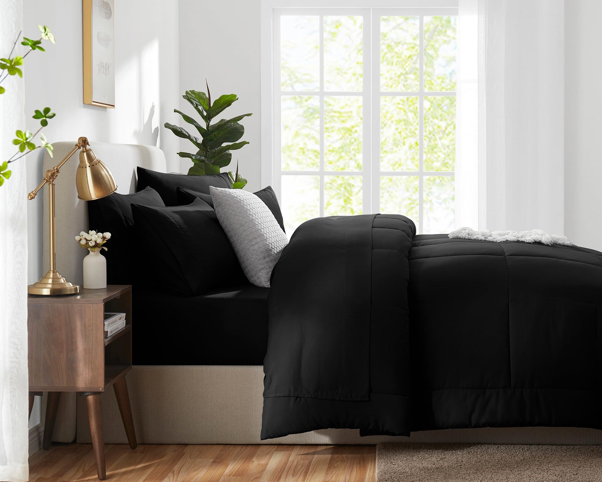 CozyLux Queen Comforter Set Black 7 Pieces Bed in a Bag Black Comforters Queen Size Bed Set Bedding Sets Queen with All Season Stitch Quilted Comforter, Flat Sheet, Fitted Sheet, Pillowcases - The One Stop Deals