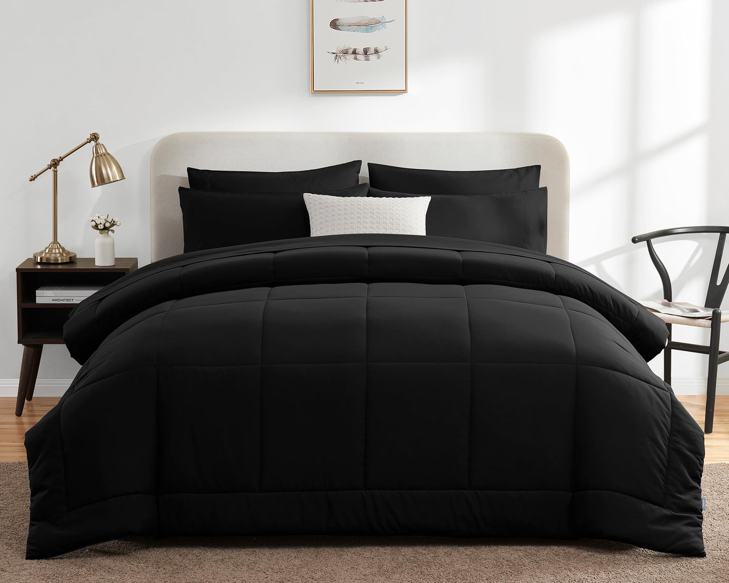 CozyLux Queen Comforter Set Black 7 Pieces Bed in a Bag Black Comforters Queen Size Bed Set Bedding Sets Queen with All Season Stitch Quilted Comforter, Flat Sheet, Fitted Sheet, Pillowcases - The One Stop Deals