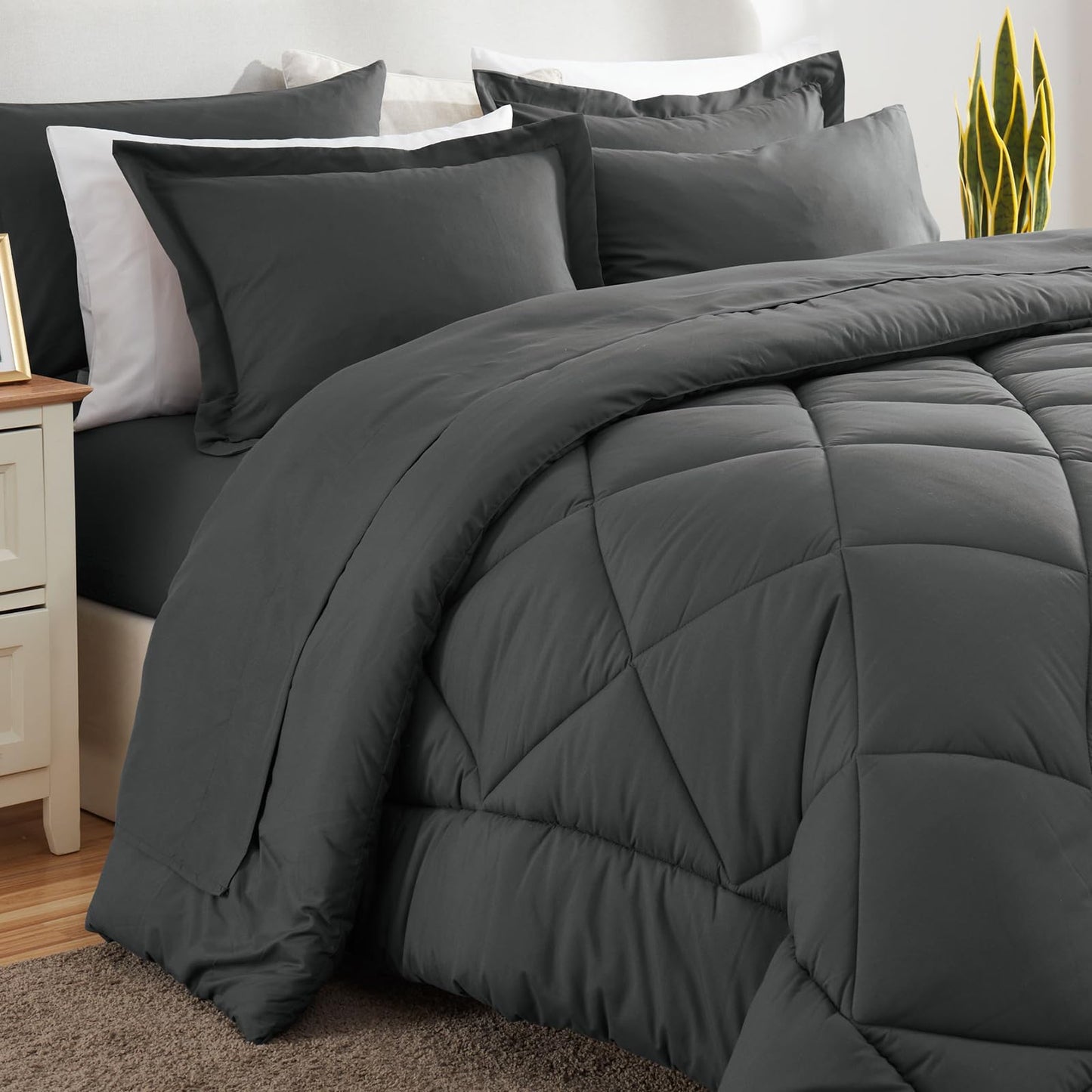 CozyLux Queen Comforter Set Dark Grey - Bed in a Bag Queen Size 7 Pieces, Luxury Soft Bed Set for All Seasons, Bedding Set with Down Alternative Comforter, Sheets, Pillowcases & Shams - The One Stop Deals