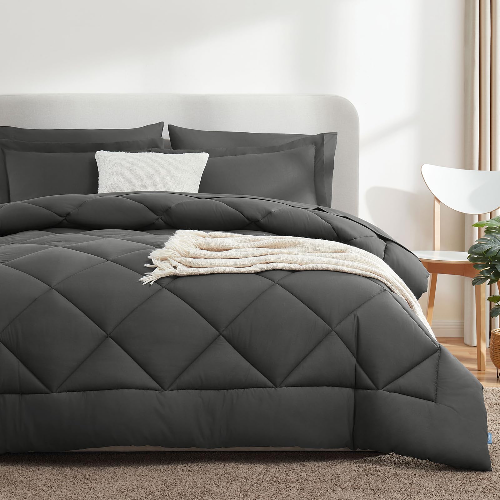 CozyLux Queen Comforter Set Dark Grey - Bed in a Bag Queen Size 7 Pieces, Luxury Soft Bed Set for All Seasons, Bedding Set with Down Alternative Comforter, Sheets, Pillowcases & Shams - The One Stop Deals