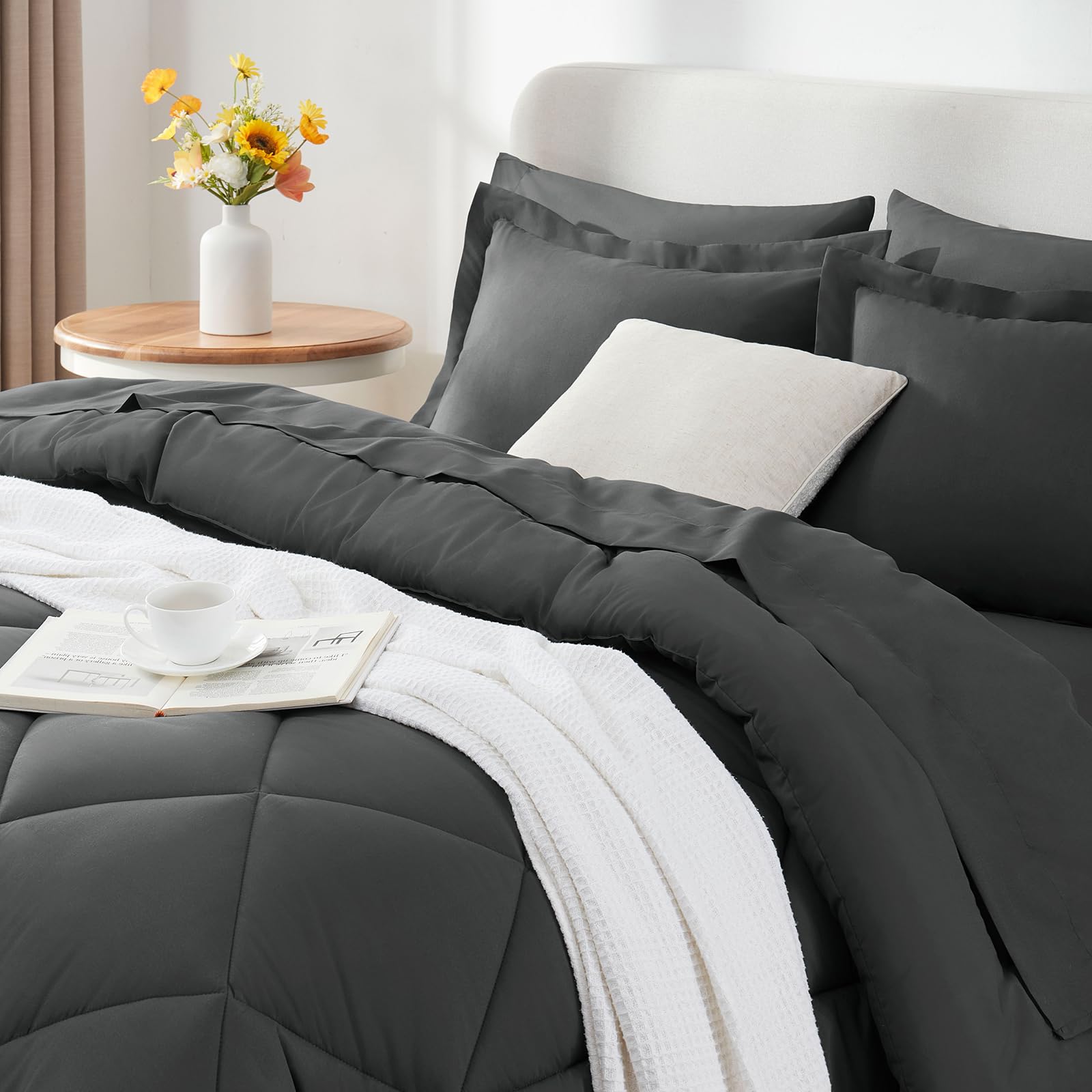 CozyLux Queen Comforter Set Dark Grey - Bed in a Bag Queen Size 7 Pieces, Luxury Soft Bed Set for All Seasons, Bedding Set with Down Alternative Comforter, Sheets, Pillowcases & Shams - The One Stop Deals