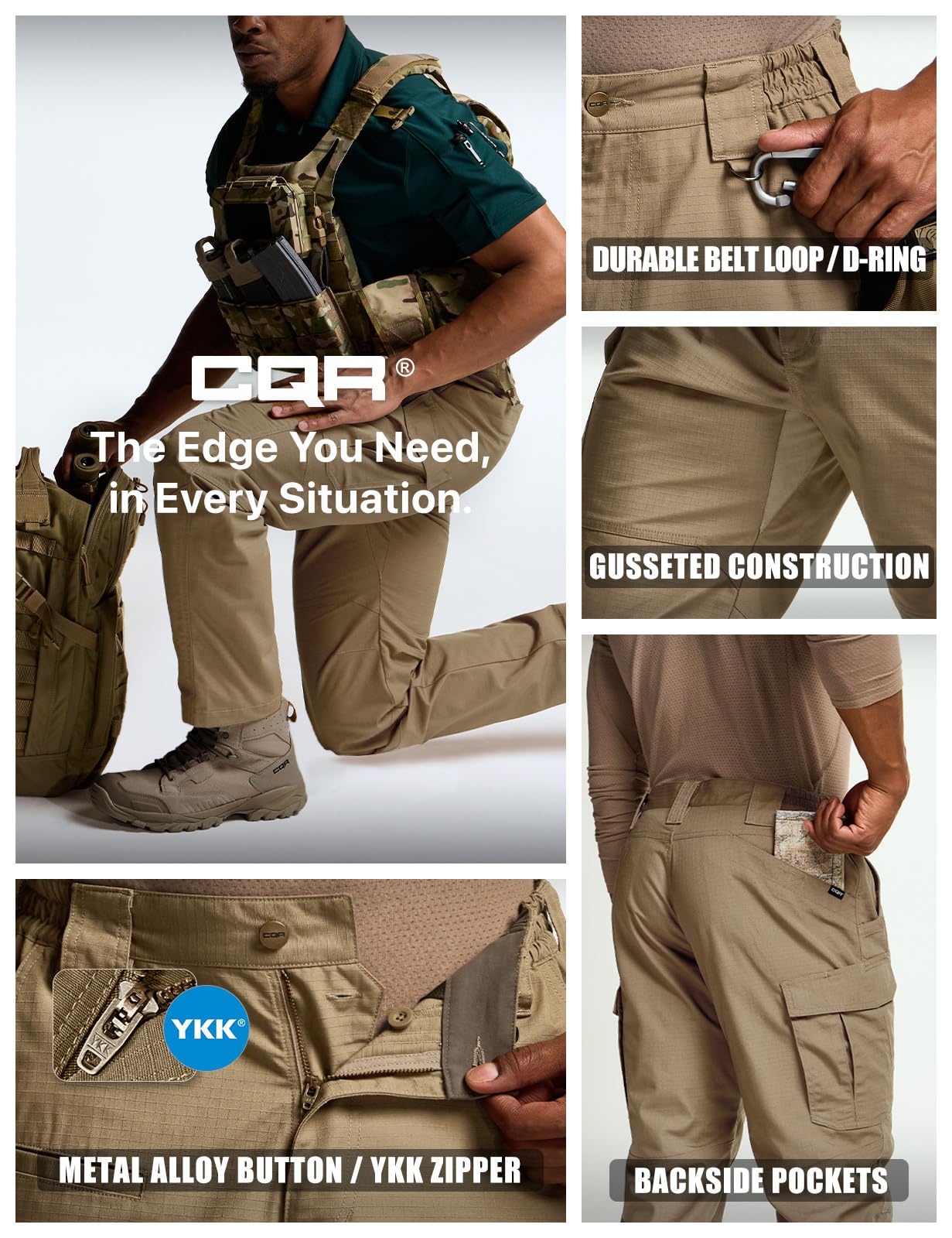 CQR Men's Tactical Pants, Water Resistant Ripstop Cargo Pants, Lightweight EDC Work Hiking Pants, Outdoor Apparel, Raider Mag Pocket Cougar, 32W x 32L - The One Stop Deals