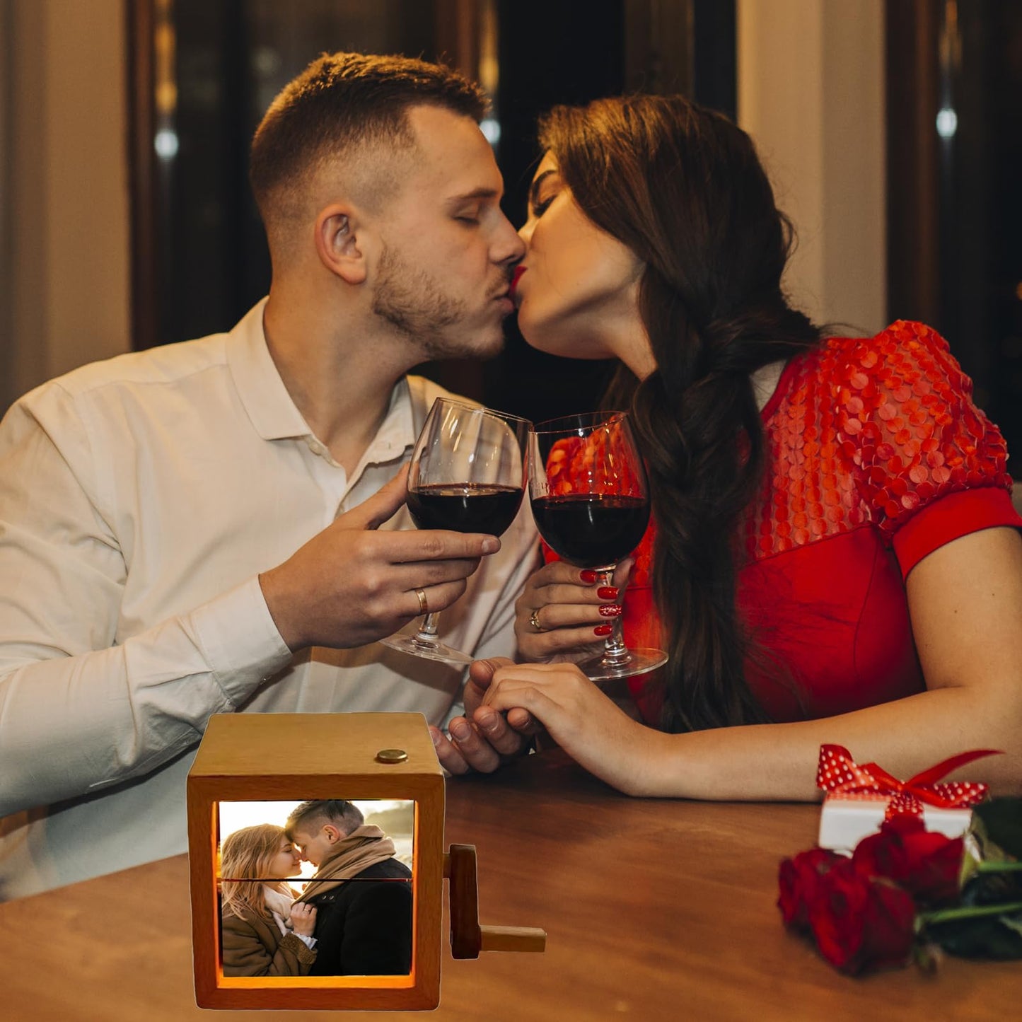 Custom Flip Book Frame Hand Crank Photo Album Personalized Lighted Photo Album Mini Wooden Flip Book for Couple Women Men Family Valentine Birthday Mother's Day Gifts (Black Walnut) - The One Stop Deals