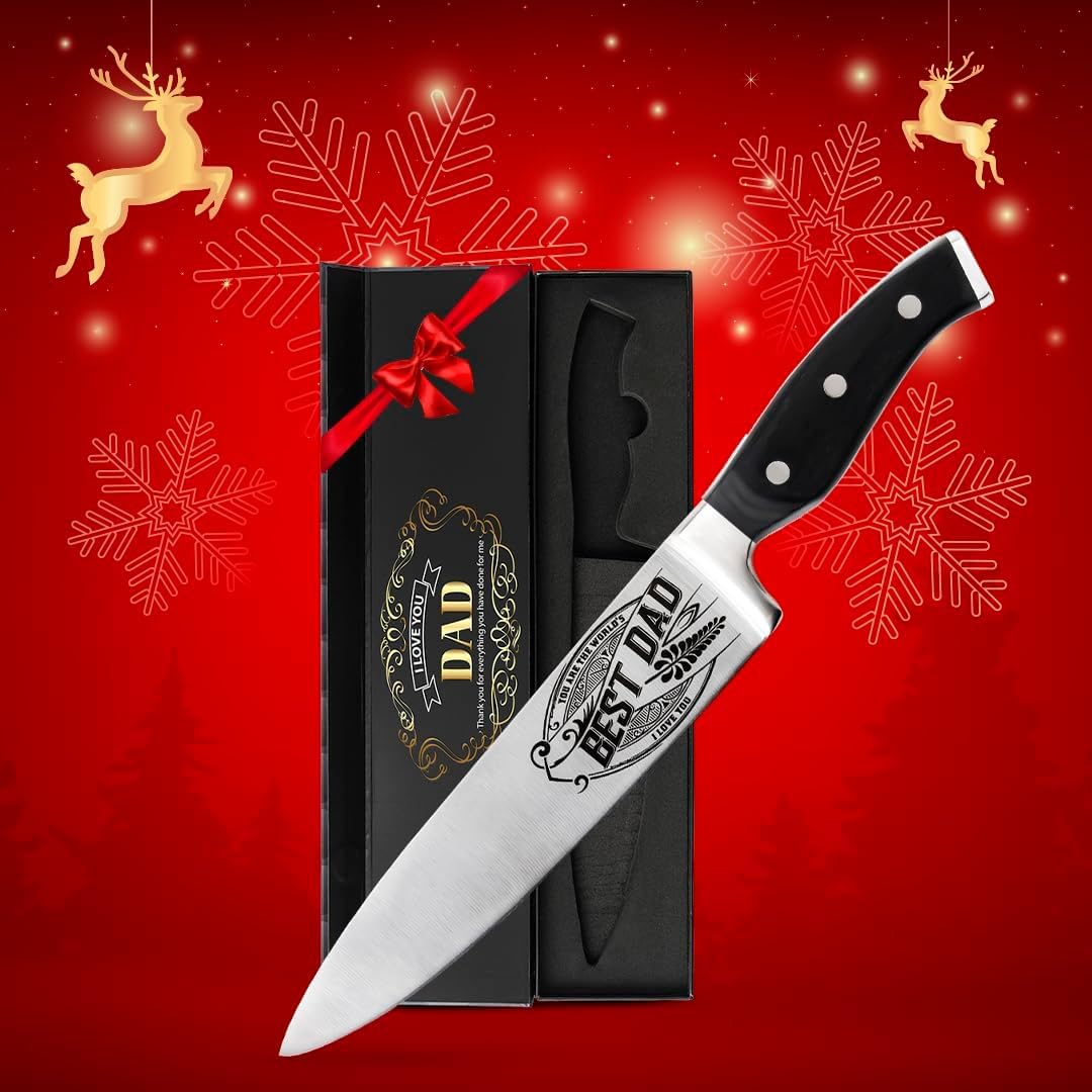 CUTLINX Birthday Gift BEST DAD - Premium Chef Knife Gift - 8 in. Stainless Carbon Steel Kitchen Knive w/Pakka Wood Handle - Father's Day, Christmas, Housewarming, Anniversary, Holiday Gifts - The One Stop Deals