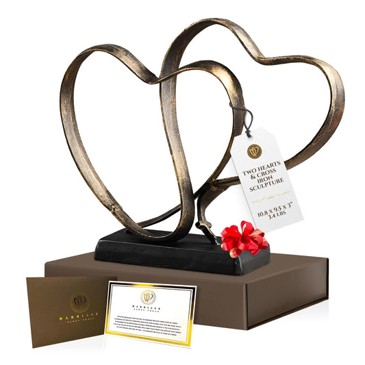 DCAPILLA Wedding Anniversary Couples Gift - Two Hearts and Cross Iron Sculpture, Heart Decoration Gift for Her and Him, 1st to 50th or 60th Anniversary, Includes Present Box and Poem Card - The One Stop Deals