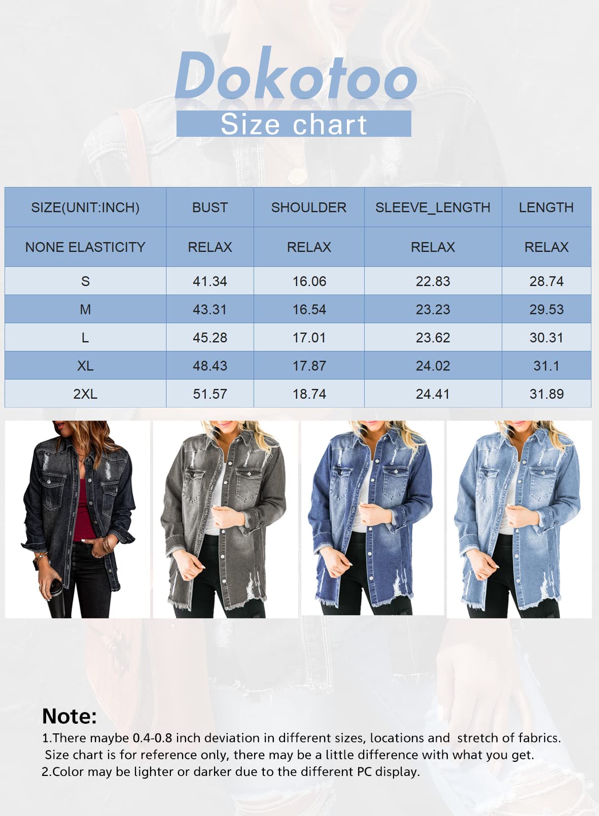 Dokotoo Womens Jean Jacket Frayed Washed Button Down Distressed 2025 Spring Summer Outfits Long Sleeve Denim Shirts for Women Oversized Casual Fashion Boyfriend Jean Jackets for Women Sky Blue XL - The One Stop Deals