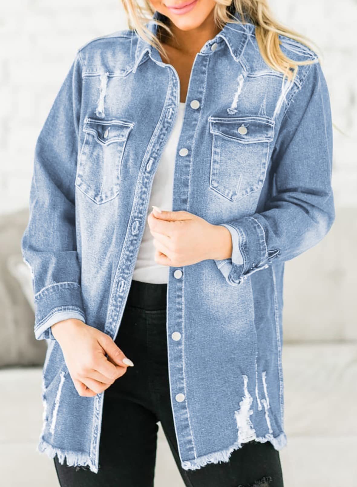 Dokotoo Womens Jean Jacket Frayed Washed Button Down Distressed 2025 Spring Summer Outfits Long Sleeve Denim Shirts for Women Oversized Casual Fashion Boyfriend Jean Jackets for Women Sky Blue XL - The One Stop Deals