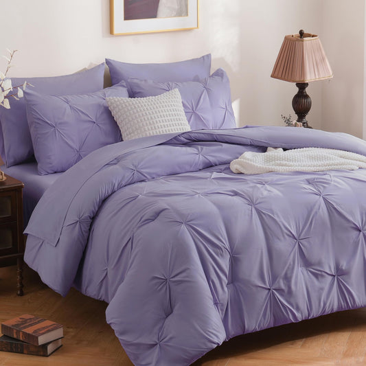 DOWNCOOL 7 Pieces Full Size Comforter Sets，Lavender Purple Pintuck Bed in A Bag, Pinch Pleat Full Size Bed Set,All Season Bedding Sets with Comforter, Flat Sheet, Fitted Sheet, Pillowcases & Shams - The One Stop Deals