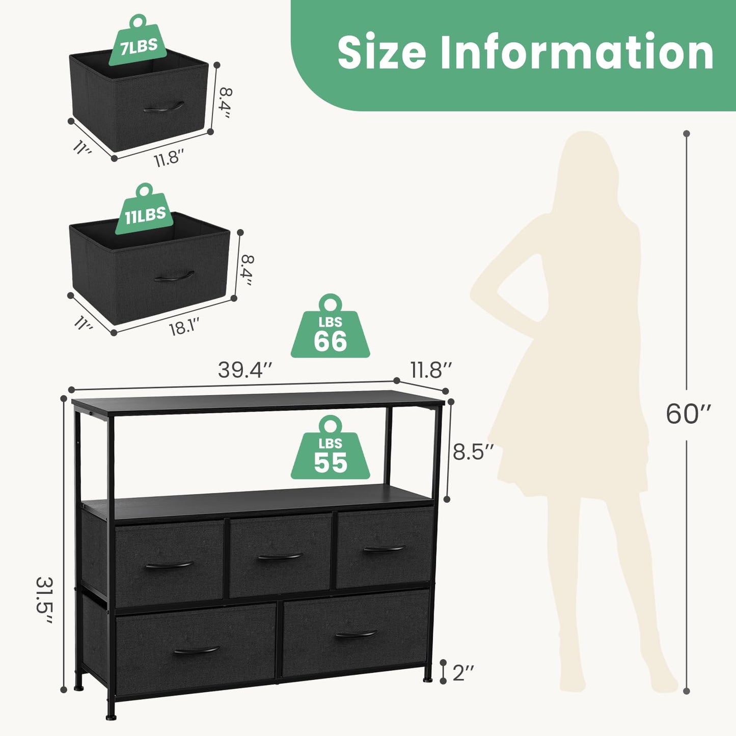 DUMOS TV Stand Dresser for Bedroom with 5 Fabric Drawer,Entertainment Center for 45 inch Television, Media Console Table with Storage, Open Shelf, Adjustable Feet, Living Room Furniture, Black - The One Stop Deals