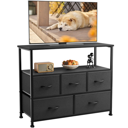 DUMOS TV Stand Dresser for Bedroom with 5 Fabric Drawer,Entertainment Center for 45 inch Television, Media Console Table with Storage, Open Shelf, Adjustable Feet, Living Room Furniture, Black - The One Stop Deals