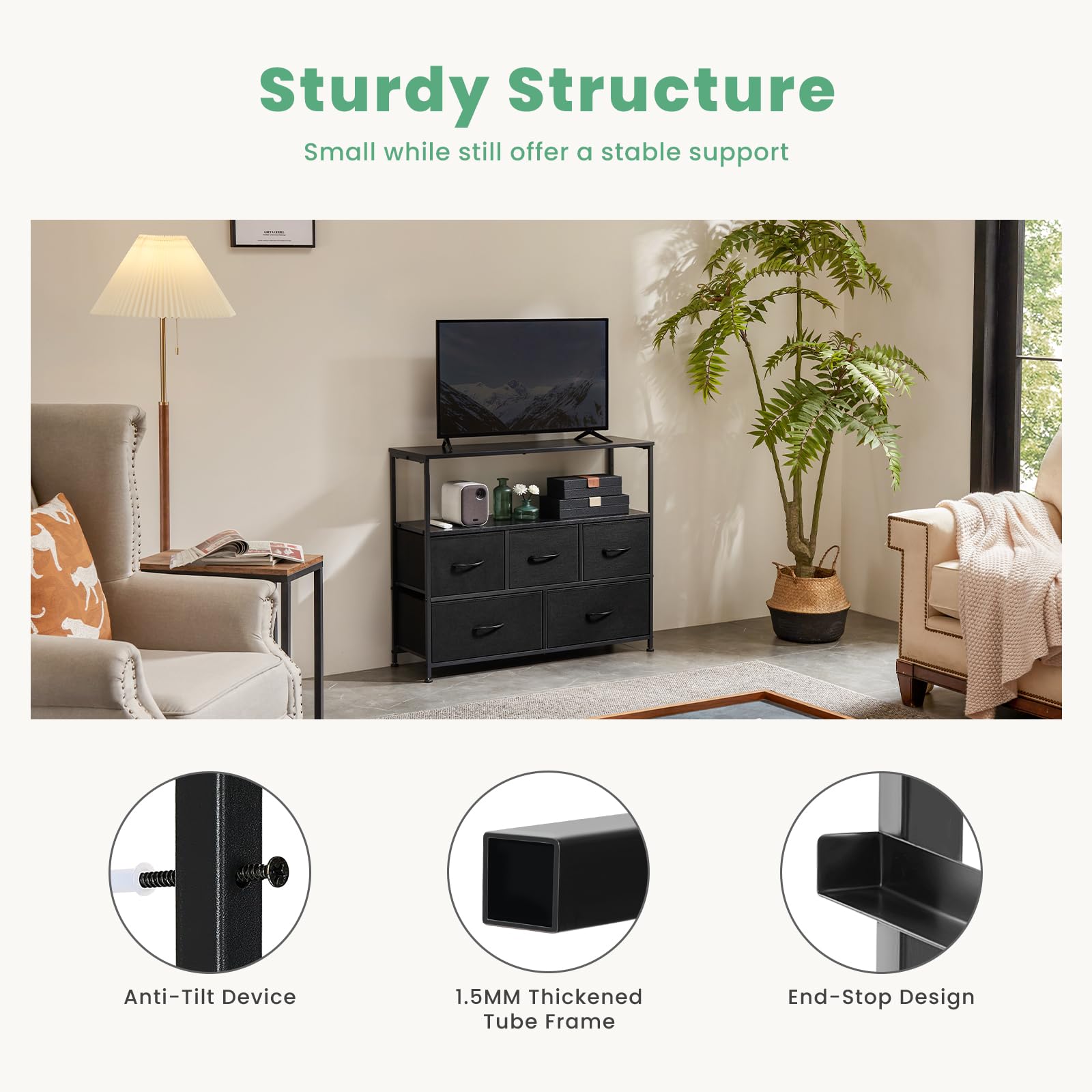 DUMOS TV Stand Dresser for Bedroom with 5 Fabric Drawer,Entertainment Center for 45 inch Television, Media Console Table with Storage, Open Shelf, Adjustable Feet, Living Room Furniture, Black - The One Stop Deals