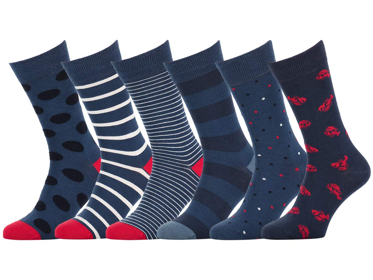 Easton Marlowe Mens Dress Socks 10 - 13 Fun Colorful Mens Socks - Cotton Patterned Fashion Socks for Men 6 Pack #32, Navy Blue White Red Lobsters Nautical Funny No Toe Seam Comfort Combed Cotton - The One Stop Deals