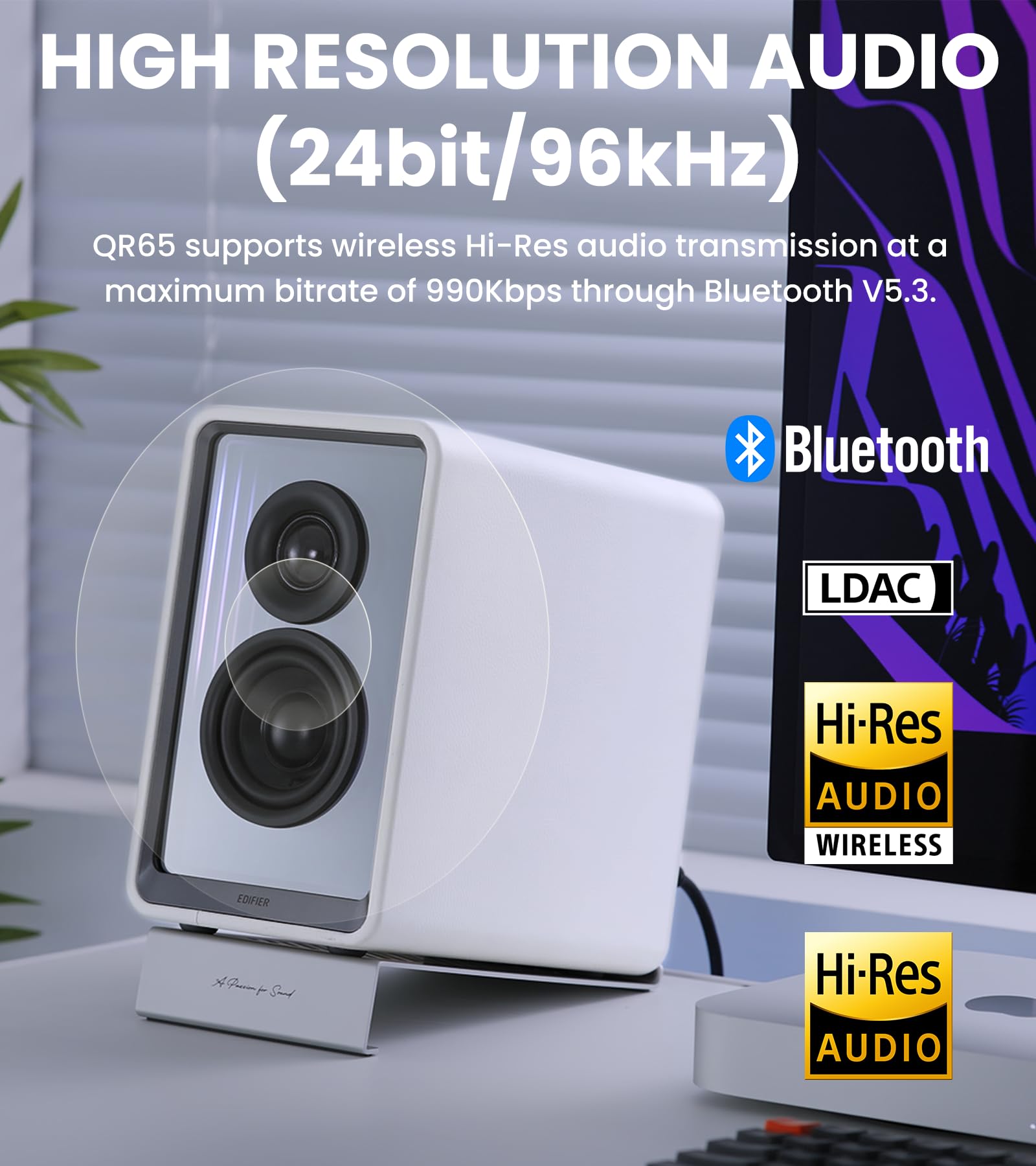 Edifier QR65 Desktop Active Monitor with 2.75" Long - Throw Aluminum Diaphragm mid - Low Drivers, Hi - Res Audio, Brilliant Light Effects, 70W Output Power Bluetooth Speakers with Stands - White - The One Stop Deals