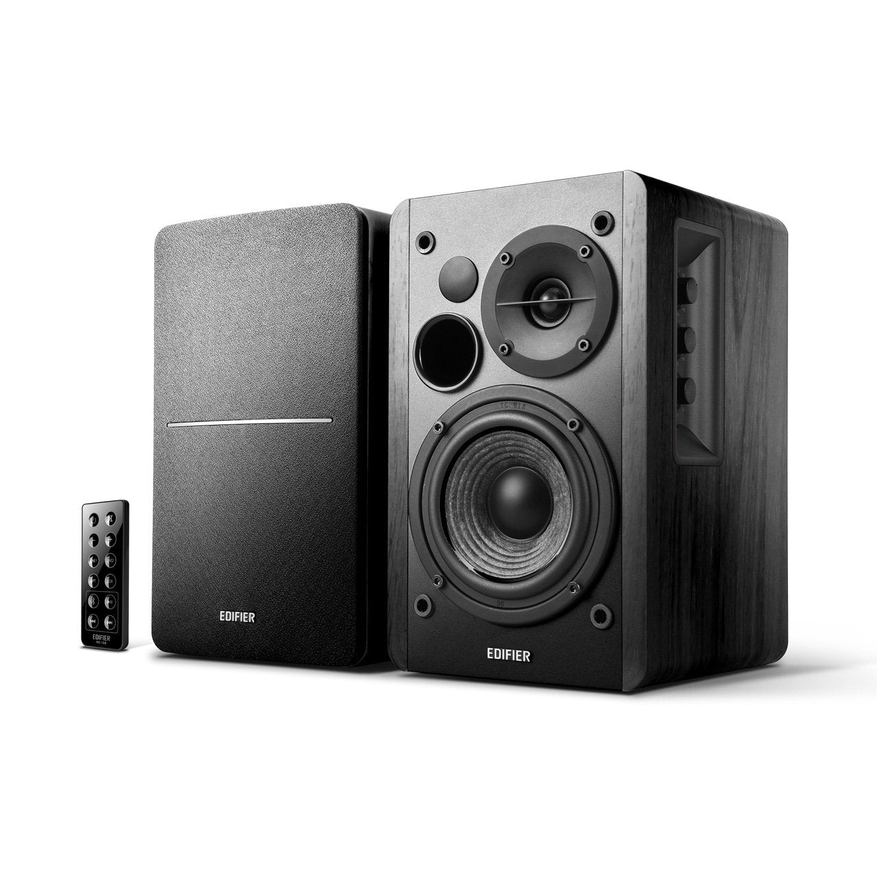 Edifier R1280DB Powered Bluetooth Bookshelf Speakers - Optical Input - Wireless Studio Monitors - 4 Inch Near Field Speaker - 42W RMS - Wood Grain (Black) - The One Stop Deals