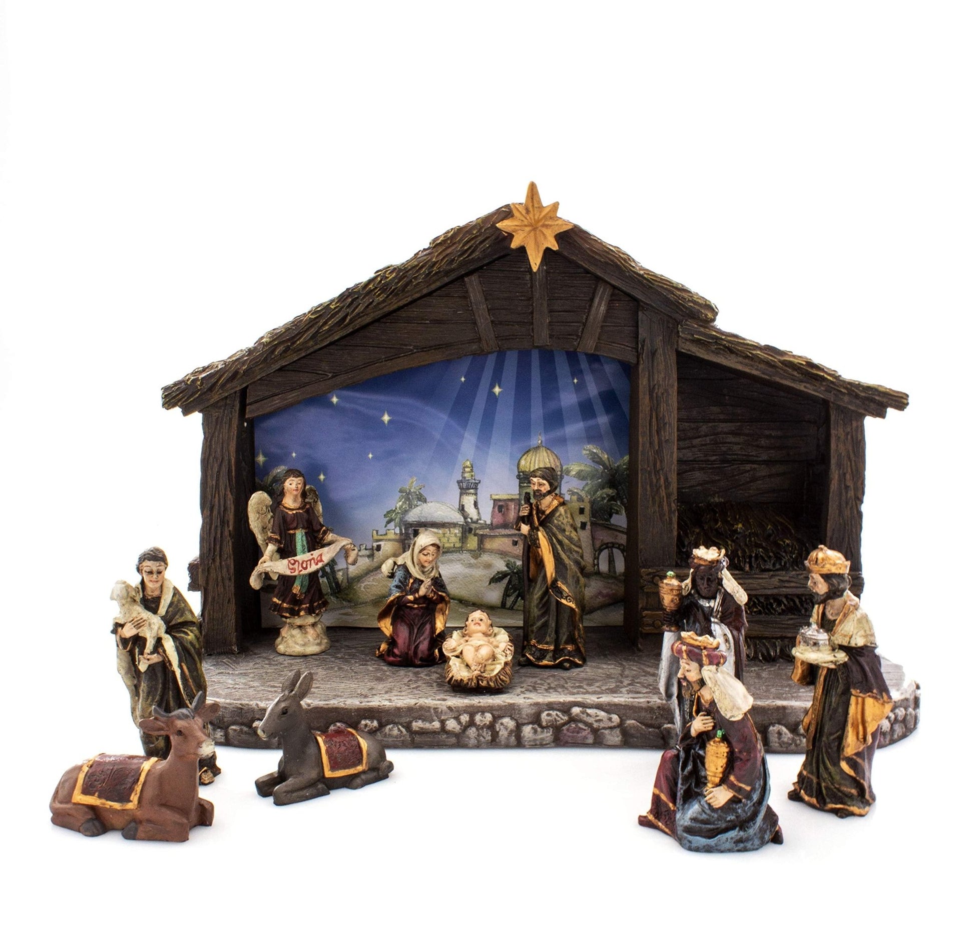 Elysian Gift Shop Christmas 11 Piece Indoor Holiday Decoration Lighted Nativity Set with 8" Light up Stable and Real Life 3" Figures (Holy Family, Three Wise Men, Angel, Animals Shepherd - Manger) - The One Stop Deals