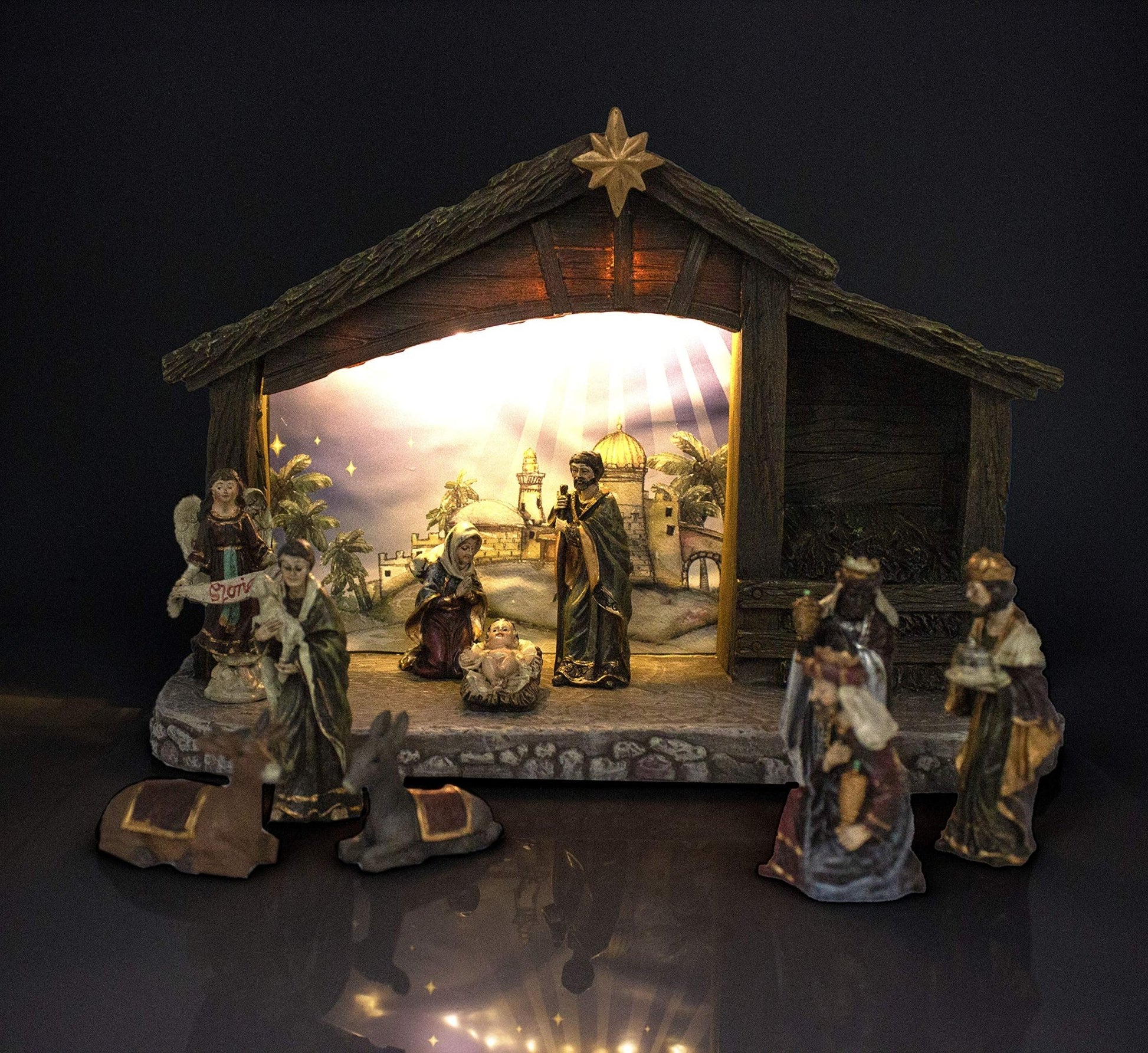 Elysian Gift Shop Christmas 11 Piece Indoor Holiday Decoration Lighted Nativity Set with 8" Light up Stable and Real Life 3" Figures (Holy Family, Three Wise Men, Angel, Animals Shepherd - Manger) - The One Stop Deals