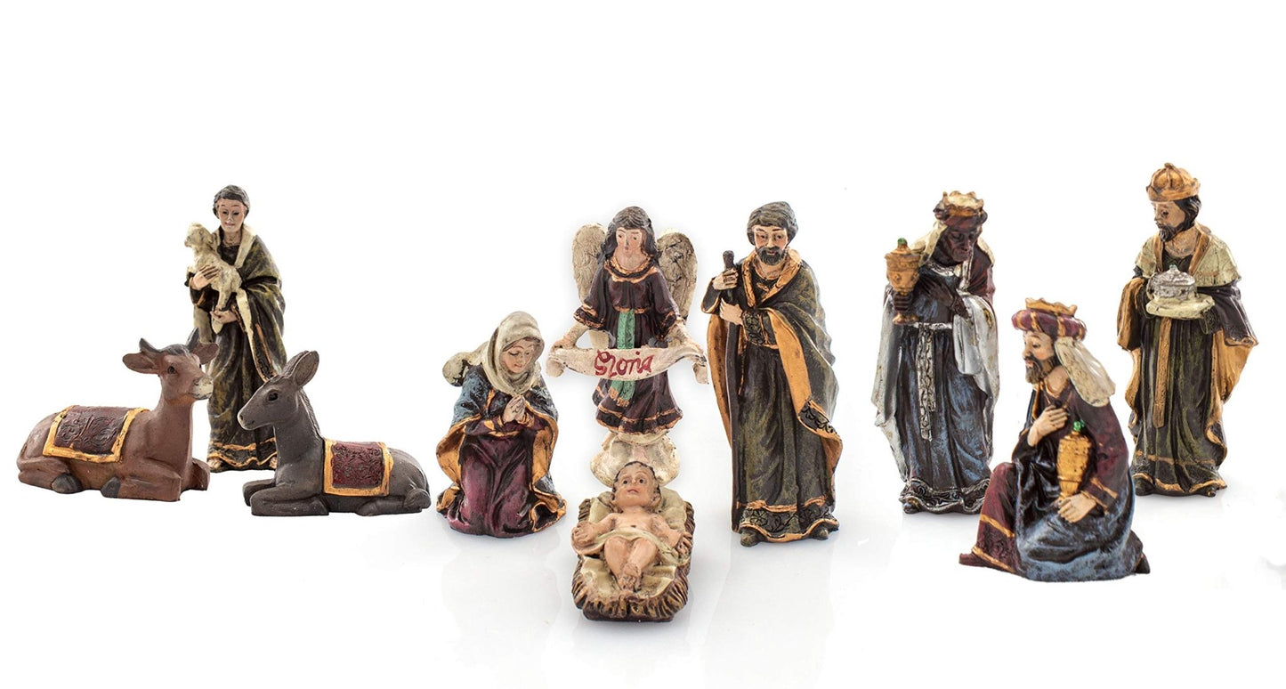 Elysian Gift Shop Christmas 11 Piece Indoor Holiday Decoration Lighted Nativity Set with 8" Light up Stable and Real Life 3" Figures (Holy Family, Three Wise Men, Angel, Animals Shepherd - Manger) - The One Stop Deals