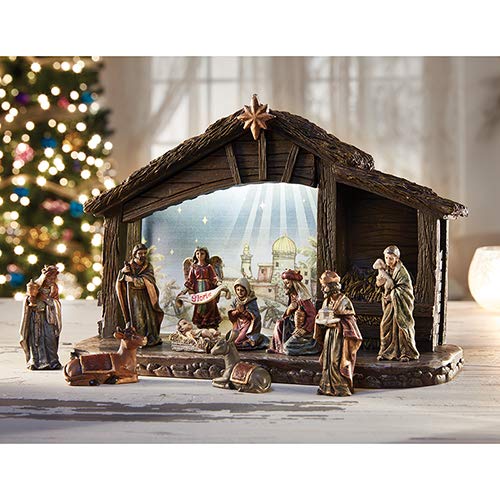 Elysian Gift Shop Christmas 11 Piece Indoor Holiday Decoration Lighted Nativity Set with 8" Light up Stable and Real Life 3" Figures (Holy Family, Three Wise Men, Angel, Animals Shepherd - Manger) - The One Stop Deals