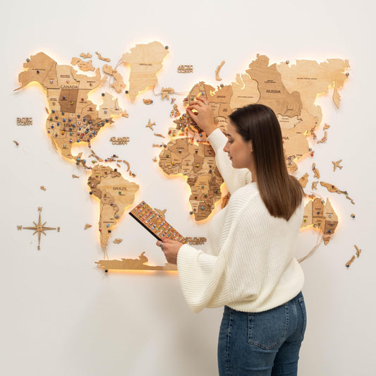 Enjoy The Wood 3D LED Wood World Map 3.0 - Wall Art Modern Home Decor Gifts - LED Lighting Wall Decor Housewarming Gift Idea - Travel Wooden Maps with Backlighting All Sizes (Light) - The One Stop Deals