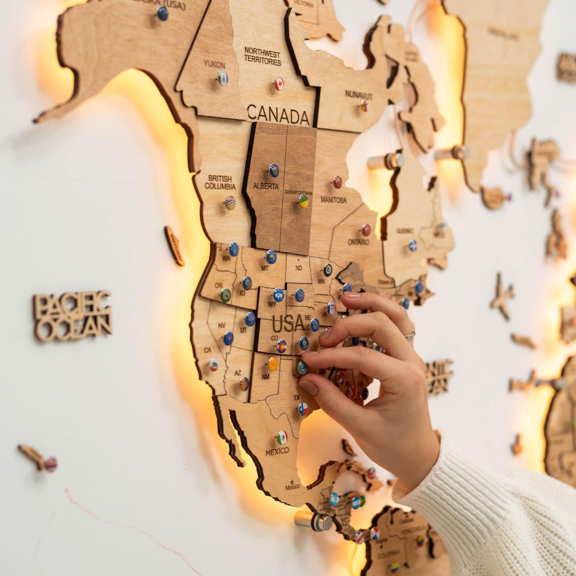 Enjoy The Wood 3D LED Wood World Map 3.0 - Wall Art Modern Home Decor Gifts - LED Lighting Wall Decor Housewarming Gift Idea - Travel Wooden Maps with Backlighting All Sizes (Light) - The One Stop Deals