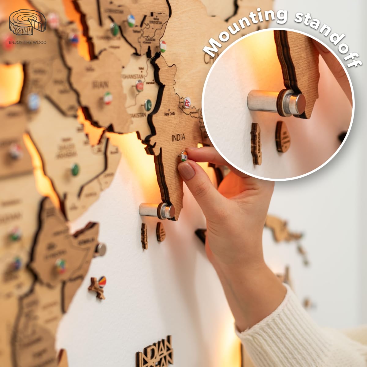 Enjoy The Wood 3D LED Wood World Map 3.0 - Wall Art Modern Home Decor Gifts - LED Lighting Wall Decor Housewarming Gift Idea - Travel Wooden Maps with Backlighting All Sizes (Light) - The One Stop Deals