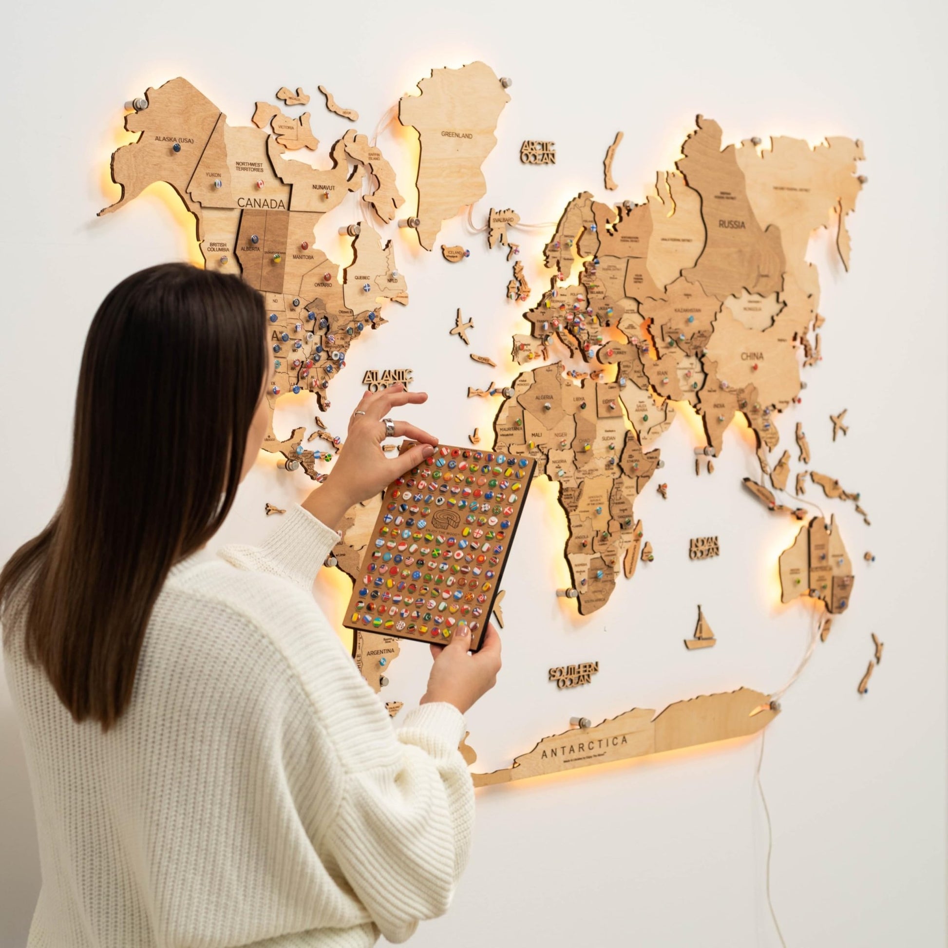 Enjoy The Wood 3D LED Wood World Map 3.0 - Wall Art Modern Home Decor Gifts - LED Lighting Wall Decor Housewarming Gift Idea - Travel Wooden Maps with Backlighting All Sizes (Light) - The One Stop Deals