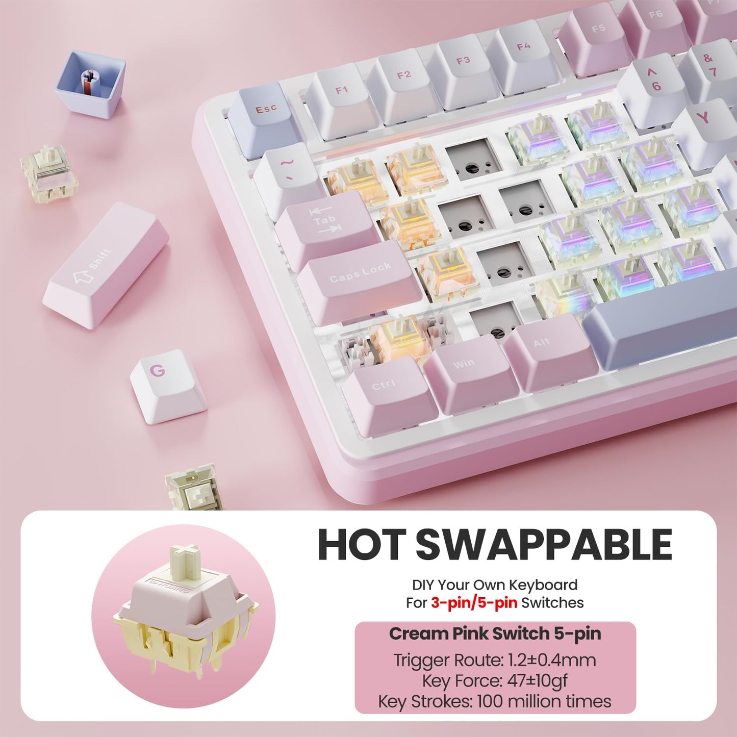 EWEADN GS75 Wireless Mechanical Keyboard, 75% Gaming Keyboard Gasket Hot Swappable Custom Keyboard with RGB, Knob, PBT Keycaps BT5.0/2.4G/USB - C Creamy Keyboard (Cream Pink Switch, Pink & White) - The One Stop Deals