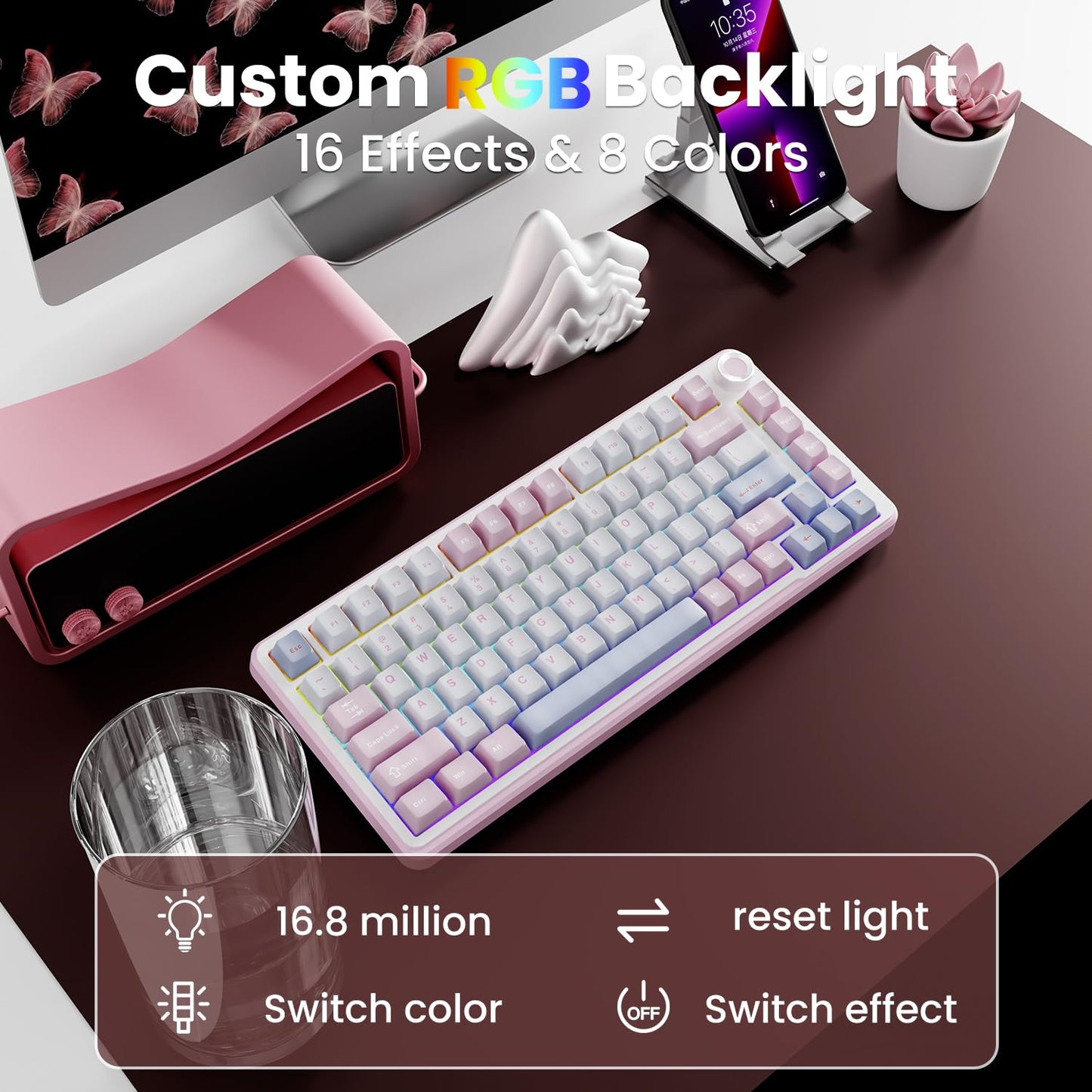 EWEADN GS75 Wireless Mechanical Keyboard, 75% Gaming Keyboard Gasket Hot Swappable Custom Keyboard with RGB, Knob, PBT Keycaps BT5.0/2.4G/USB - C Creamy Keyboard (Cream Pink Switch, Pink & White) - The One Stop Deals