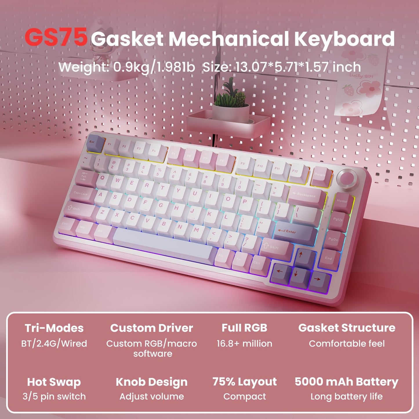 EWEADN GS75 Wireless Mechanical Keyboard, 75% Gaming Keyboard Gasket Hot Swappable Custom Keyboard with RGB, Knob, PBT Keycaps BT5.0/2.4G/USB - C Creamy Keyboard (Cream Pink Switch, Pink & White) - The One Stop Deals