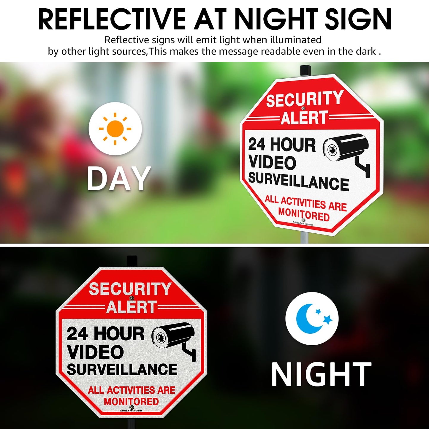 Faittoo Security Sign Video Surveillance Sign with 36" Stake for Outside, 2 - Pack 12"x12" Rust Free Heavy Aluminum, Reflective, Fade Resistant, 2 pre - drilled holes, Includes Matching Screws & Wrench, - The One Stop Deals