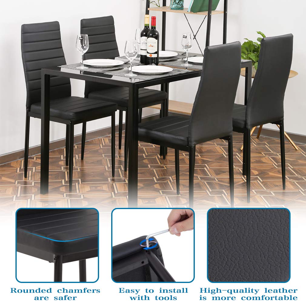 FDW Dining Table Set Glass Dining Room Table Set for Small Spaces Kitchen Table and Chairs for 4 Table with Chairs Home Furniture Rectangular Modern (Black Glass) - The One Stop Deals