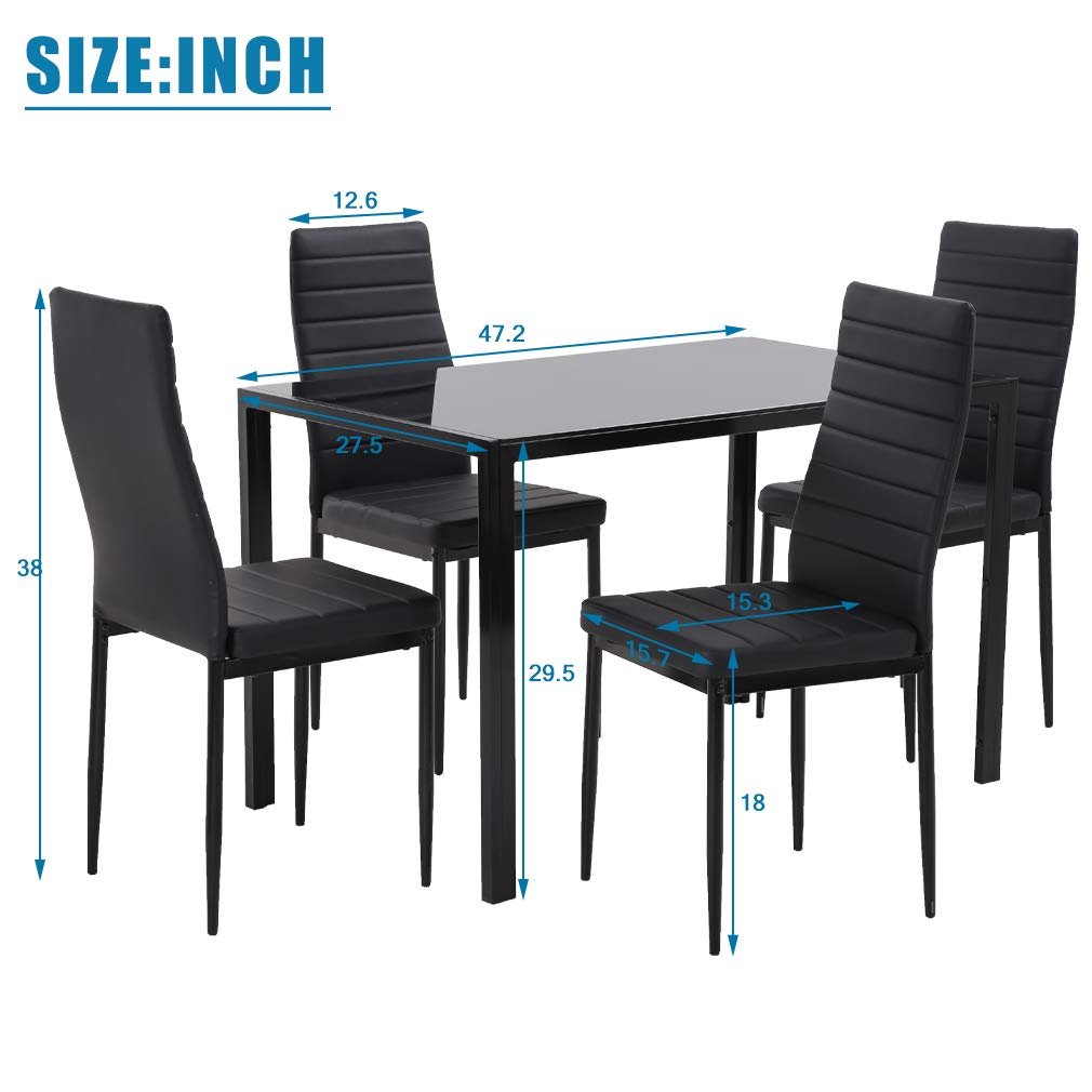 FDW Dining Table Set Glass Dining Room Table Set for Small Spaces Kitchen Table and Chairs for 4 Table with Chairs Home Furniture Rectangular Modern (Black Glass) - The One Stop Deals