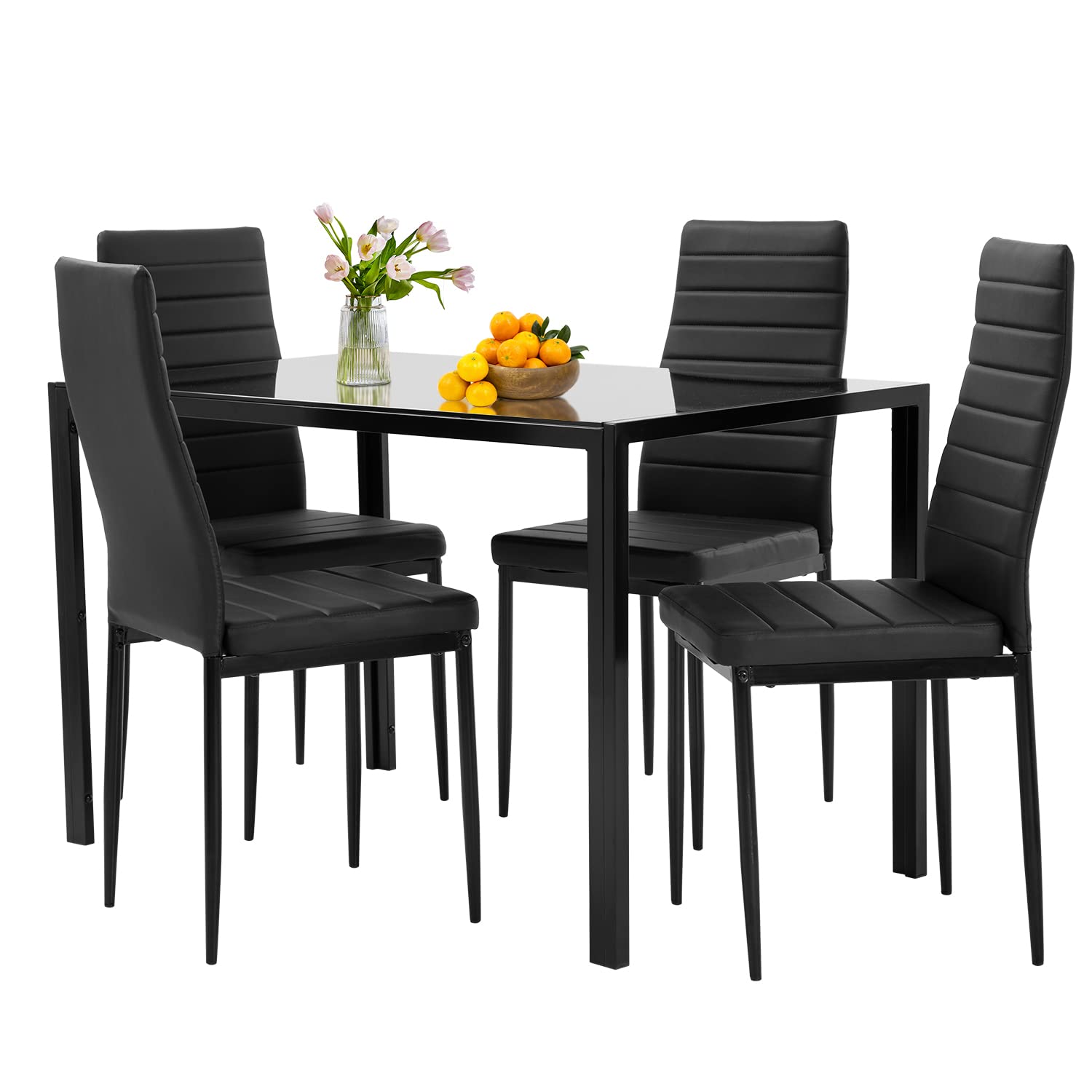 FDW Dining Table Set Glass Dining Room Table Set for Small Spaces Kitchen Table and Chairs for 4 Table with Chairs Home Furniture Rectangular Modern (Black Glass) - The One Stop Deals