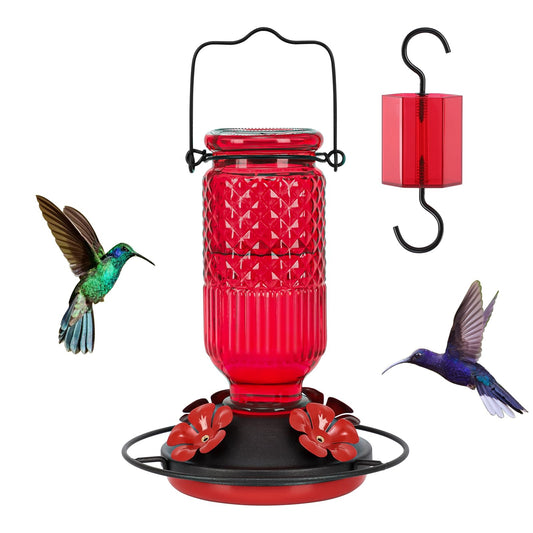 FEED GARDEN Glass Hummingbird Feeder for Outdoors Hanging, 16 OZ Humming Birds Feeders with 4 Bee Guard Feeding Ports & Built - in Ant Moat, Bird Feeder for Outside, Gifts for Women Mom, Red - The One Stop Deals